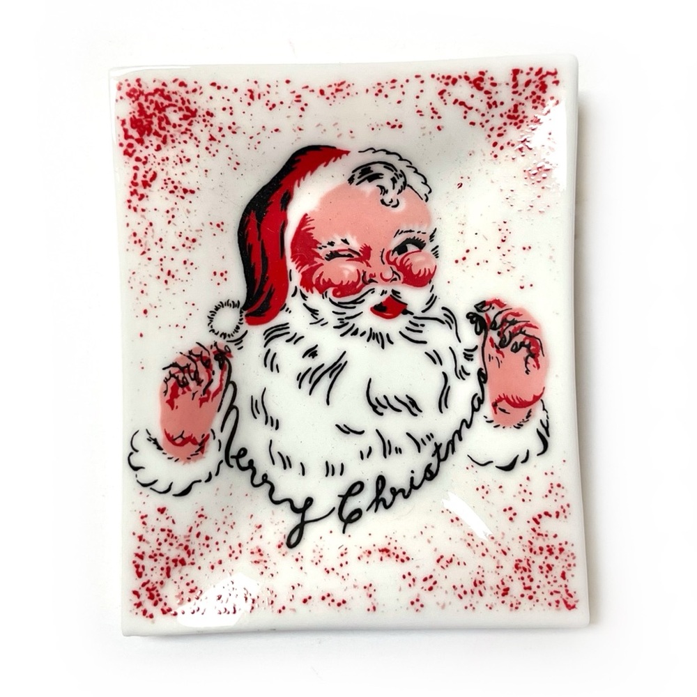 Vintage Santa Trinket Dish Houze Glass Merry Christmas